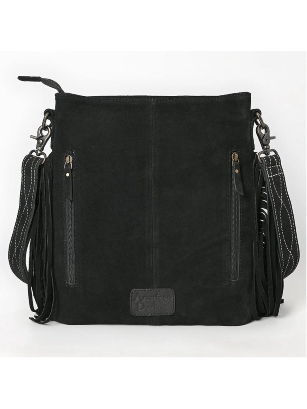 American Darling Black Suede Stitched Boho Fringe Western Crossbody Bag