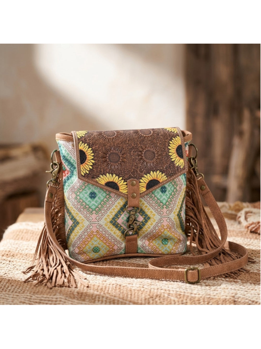 Ohlay by American Darling Sunflower Daydreams Fringe Crossbody teal and yellow