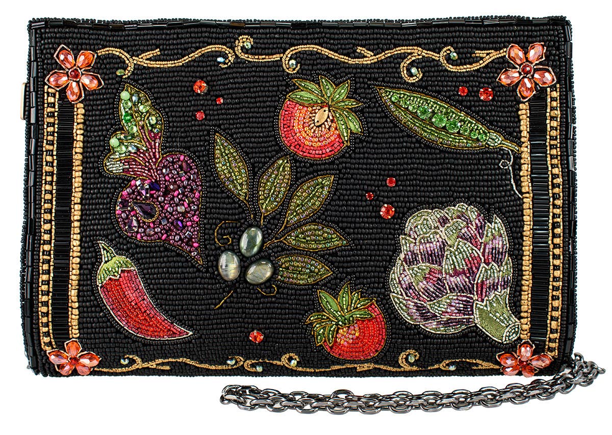 New Mary Frances Farmers Market Black with Beaded Vegetables Crossbody-preorder avail August 2025