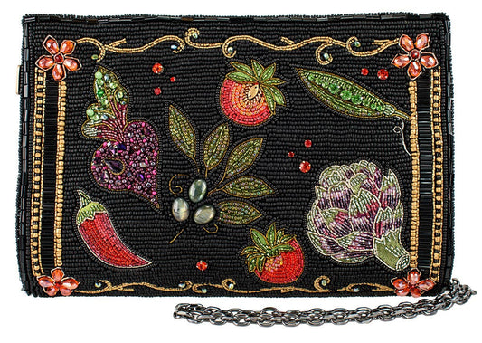 New Mary Frances Farmers Market Black with Beaded Vegetables Crossbody-preorder avail August 2025