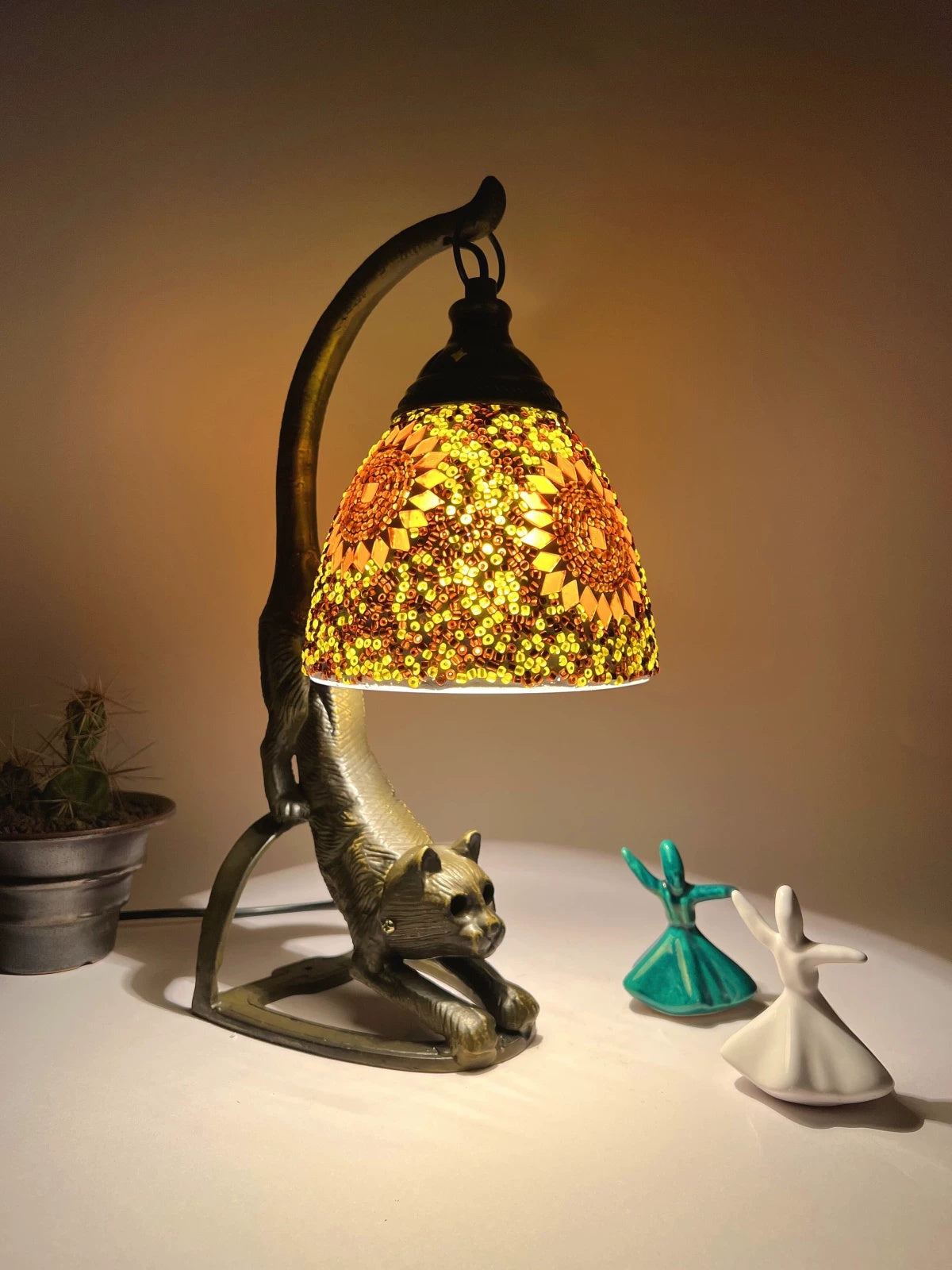 Handmade Glass Table Lamp In The Shape Of A Laid-Back Cat
