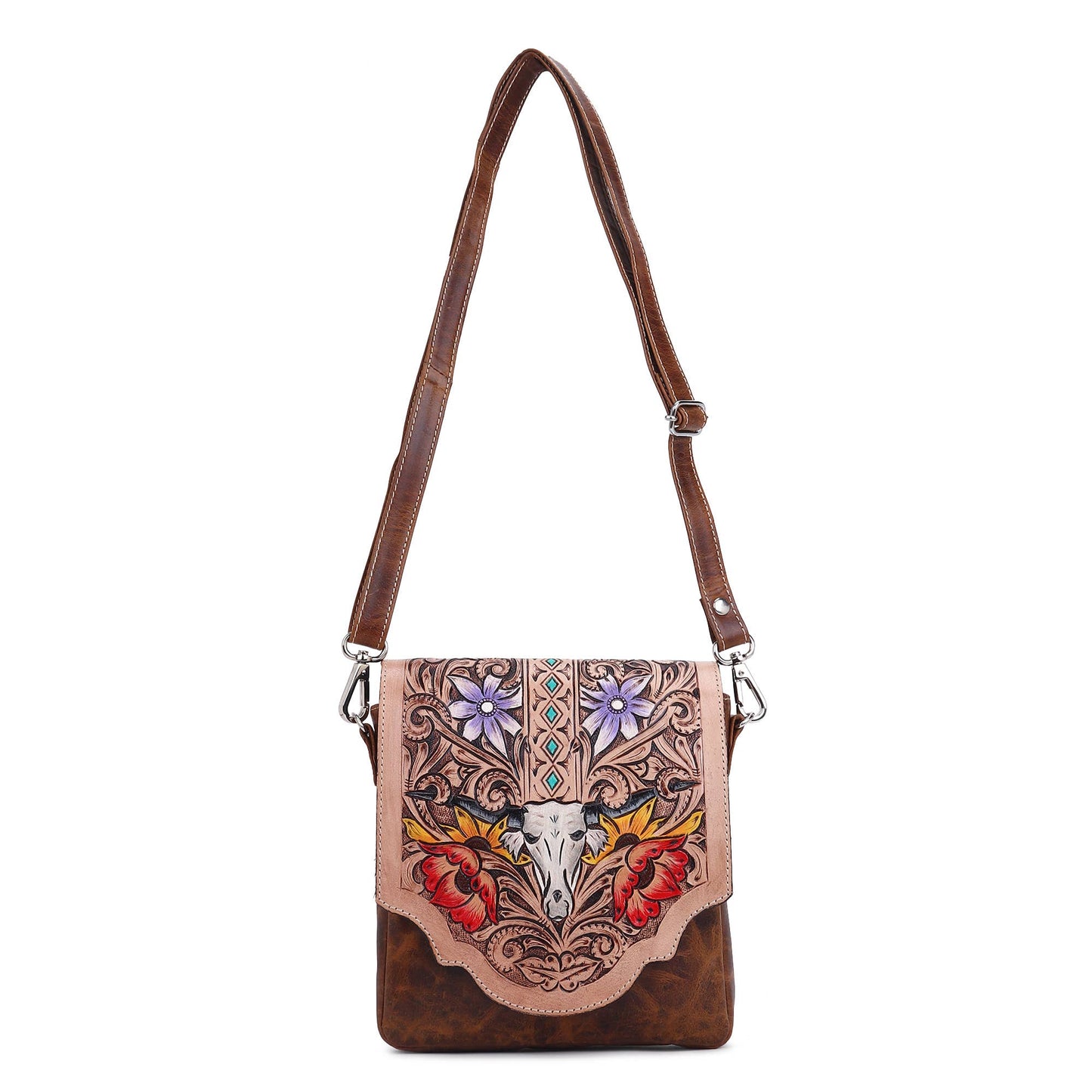 Hummingbird Blooms Leather Tooled Fringed crossbody