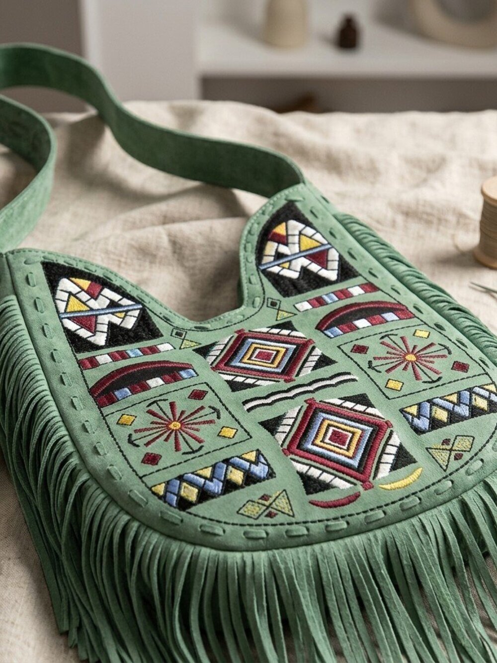 American Darling Sage Green Fringe Tribel embroidered Hobo Bag