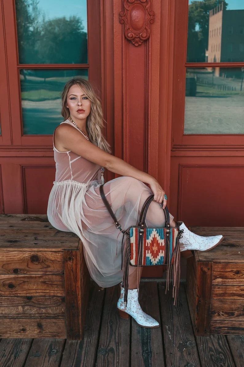"The Boho Cowgirl" Cotton And Linen Fringe Shoulder Handbag