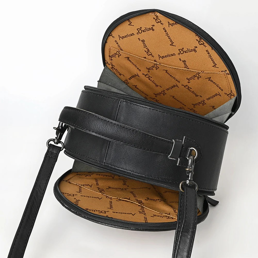 American American Darling Western Genuine Leather Canteen Bag with Hand-Tooled Detailing & Hair-On Accents-Turquoise or Black