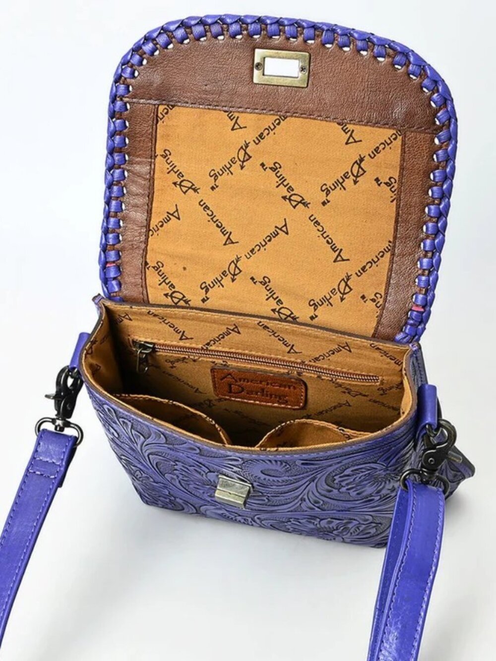 American Darling Hand-Tooled Floral Purple Leather Crossbody Bag |