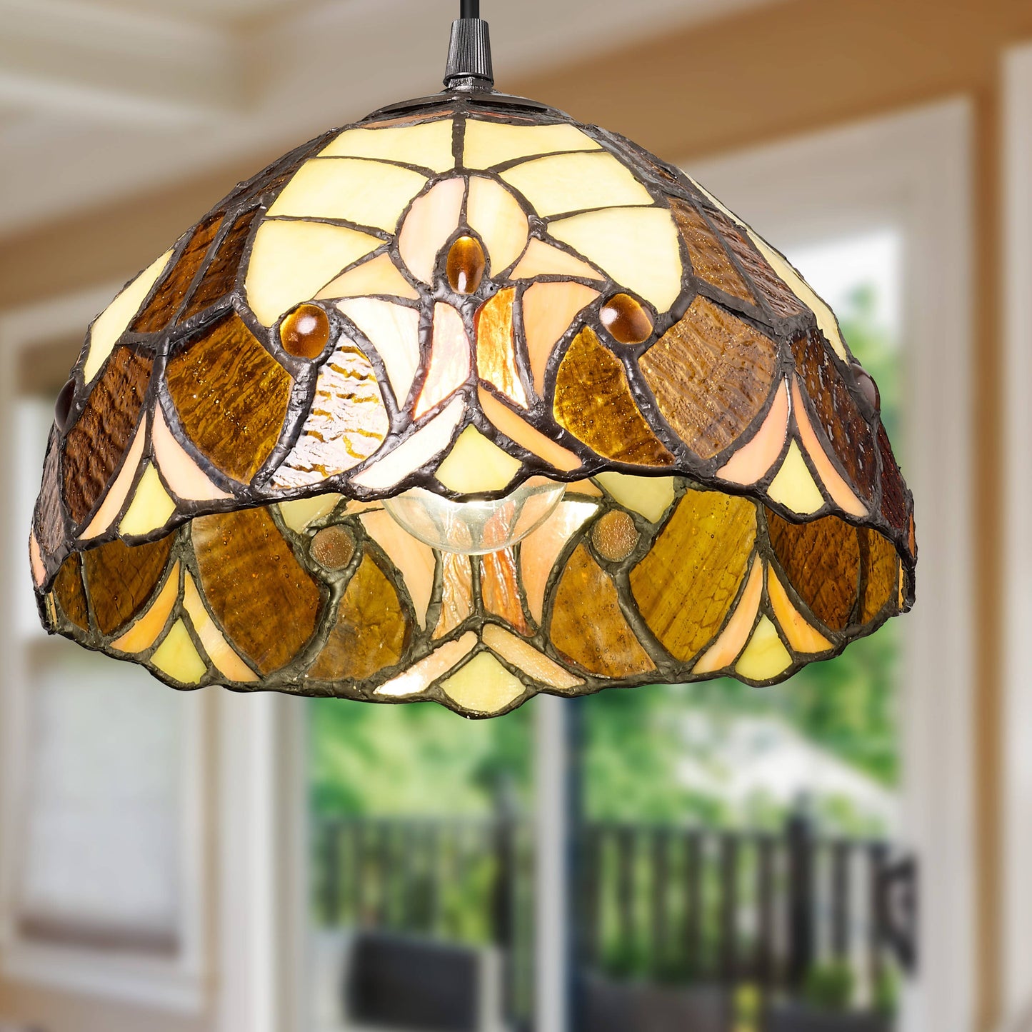 10"W Halston Traditional Amber Dome stained glass Shade Pendant