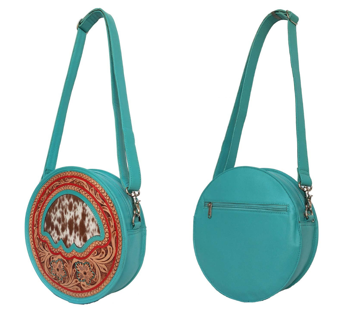 Leather Cowhide Western Hand Tooled Women's Round Crossbody Brown and White