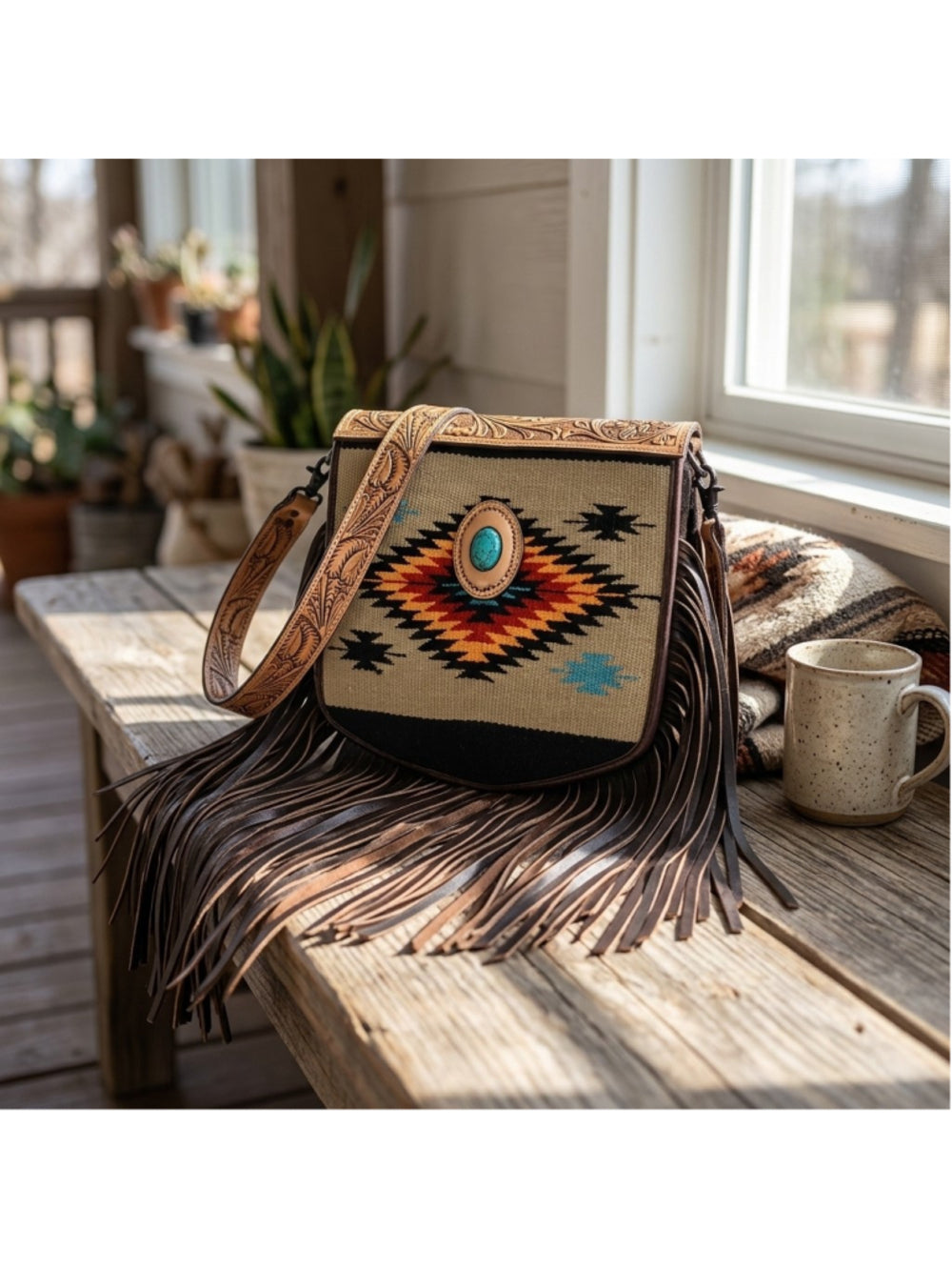 American Darling Turquoise Dreams Saddle Blanket Fringe Crossbody Messenger