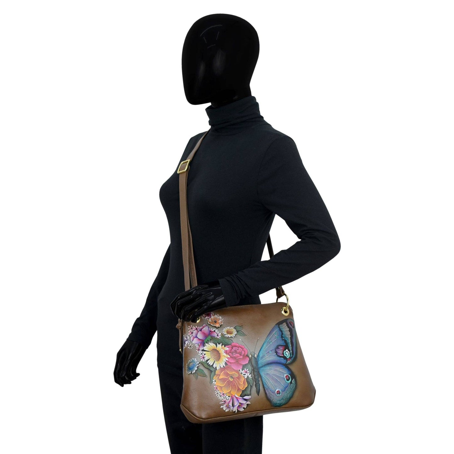 Anuschka Crossbody sling bag - 713 brown with butterfly