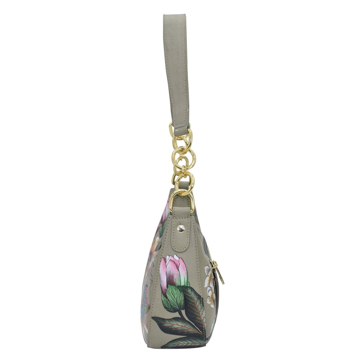 Anuschka Hand-Painted Leather Small Convertible Hobo - 701- olive green floral with dragonfly