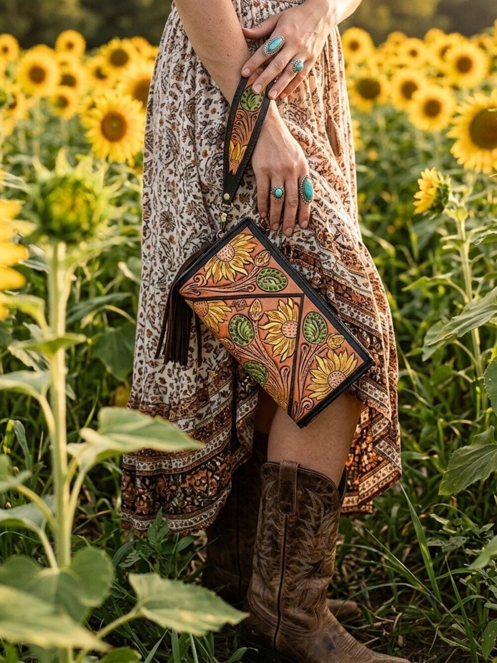 American Darling Boho Bloom Sunflower Embossed Wristlet