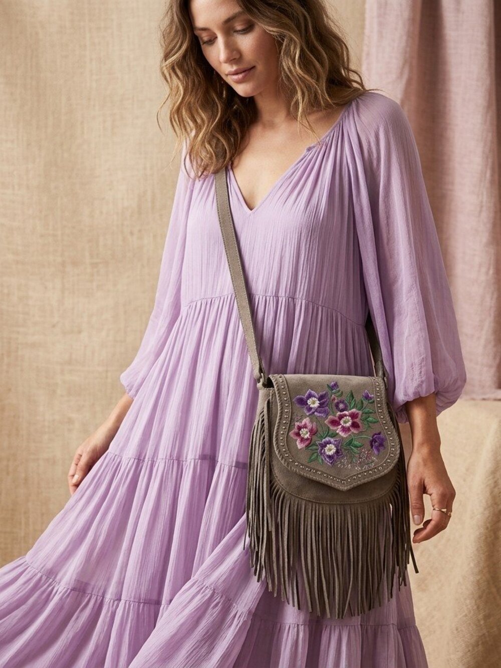 Myra Mojave Meadow Leather Bag in Wild Clay- Boho Lilac Dreams Fringe Crossbody
