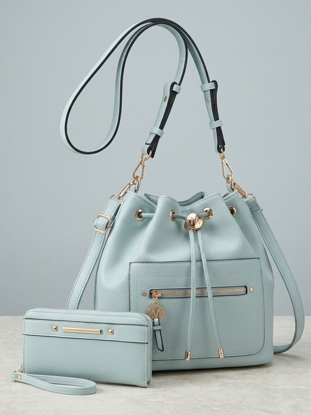 Larissa Vegan Leather Bucket Hobo Bag-Aster Seafoam Mist Convertible Bucket Set