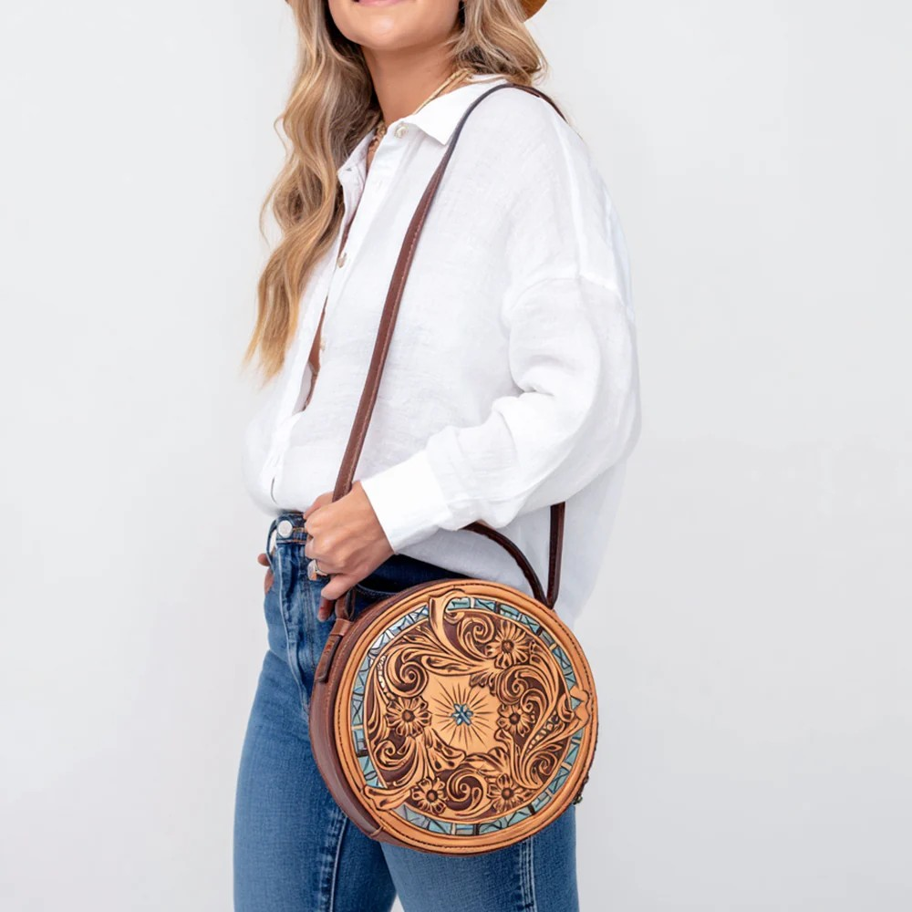 American Darling Western Tooled Leather Crossbody Canteen Bag Floral Carved Turquoise Inlay