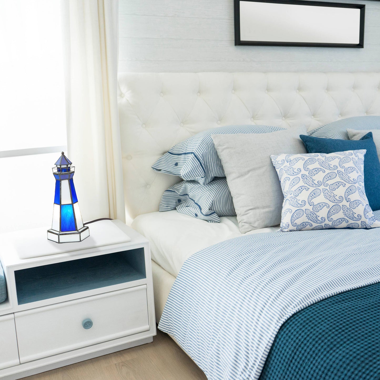 10.4"H Tiffany-Style  Blue & White Stained Glass Lighthouse Accent Lamp