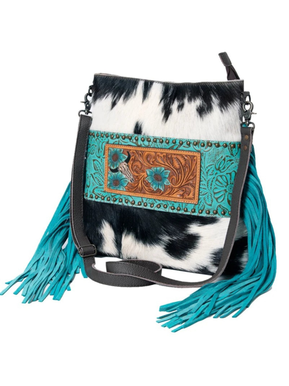 Olay by American Darling Turquoise Nights Fringe Crossbody- Black and white