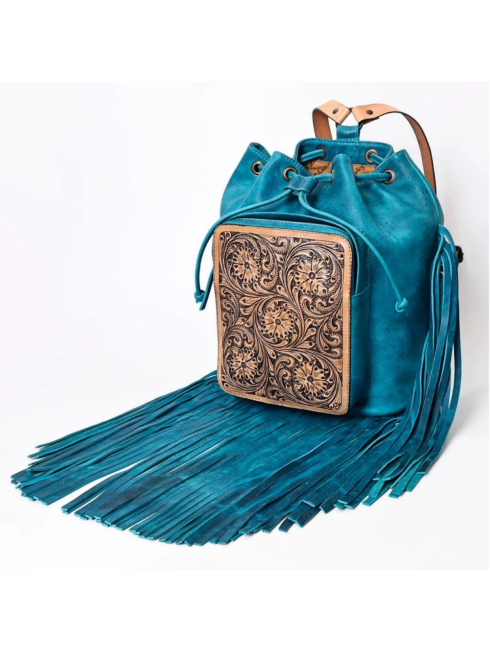 American Darling Turquoise Skys Fringe Embossed Bucket Backpack Bag