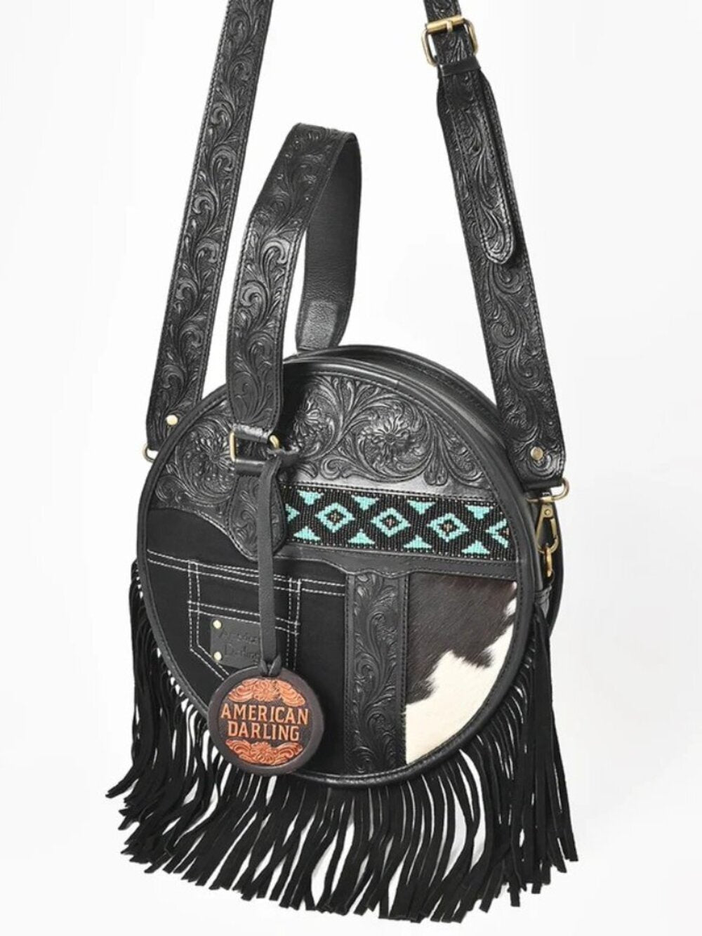 American Darling mixed media Black Western Round Fringe Crossbody Canteen Bag