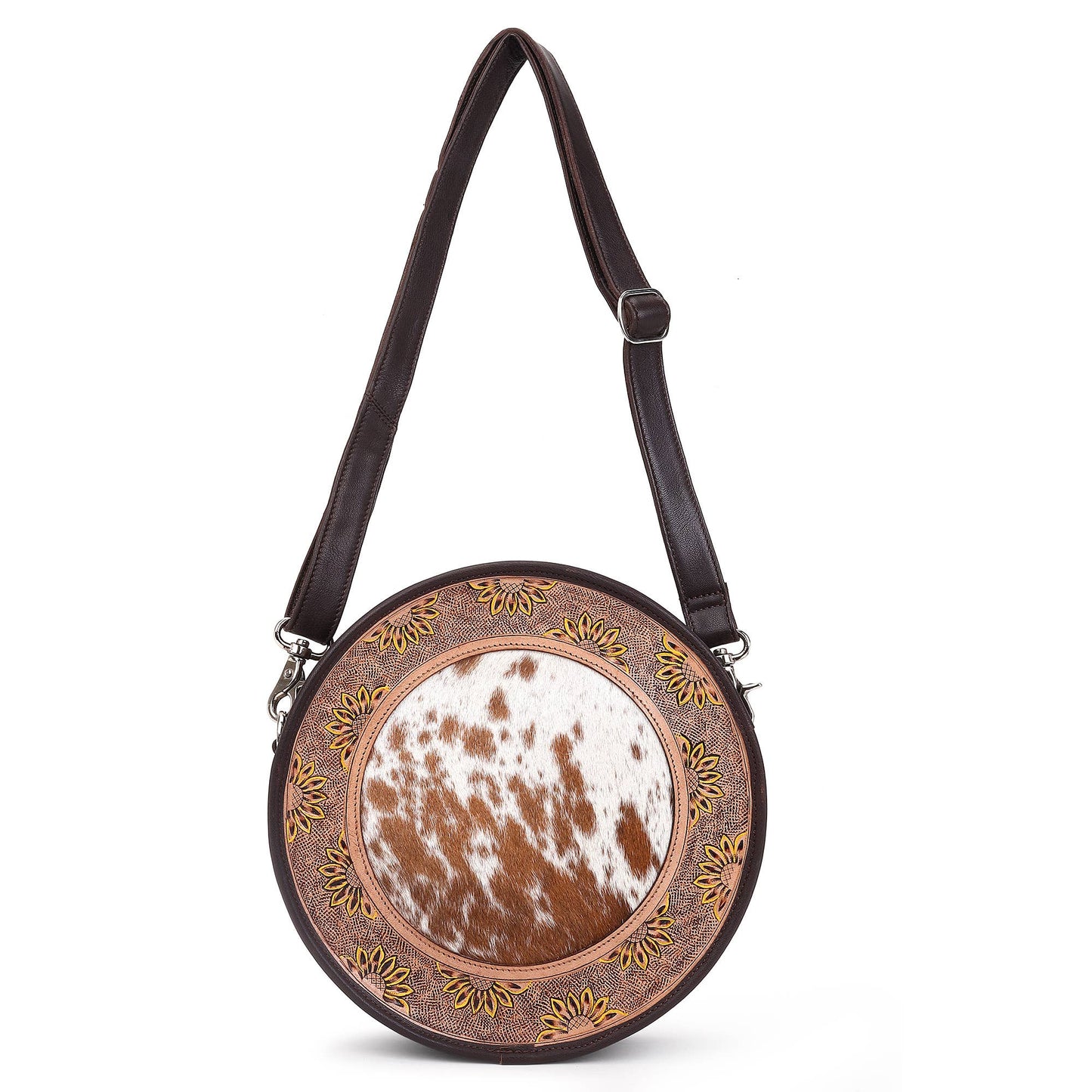 Leather Cowhide Western Hand Tooled Women's Round Crossbody Brown and White