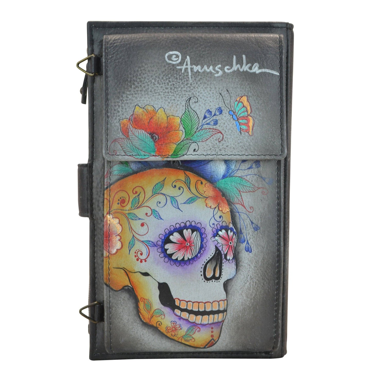 Anuschka Hand-Painted Leather Cell Phone Case & Wallet - 1113- sugar skull