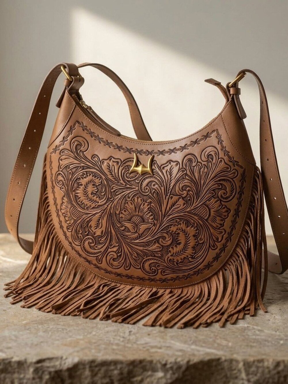 Western Lunella Hand Tooled Leather Fringe Crossbody
