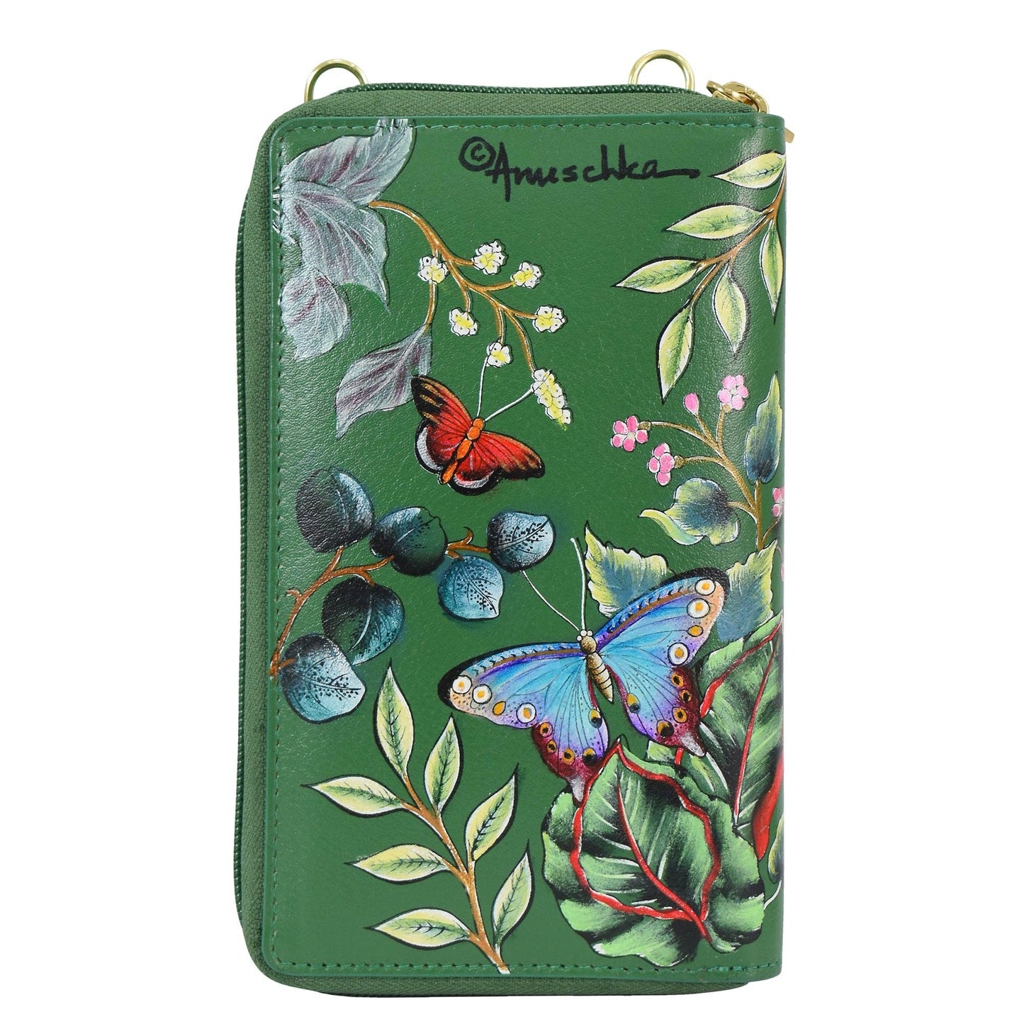 Anuschka Crossbody Phone Case - 1173 Green with butterflies