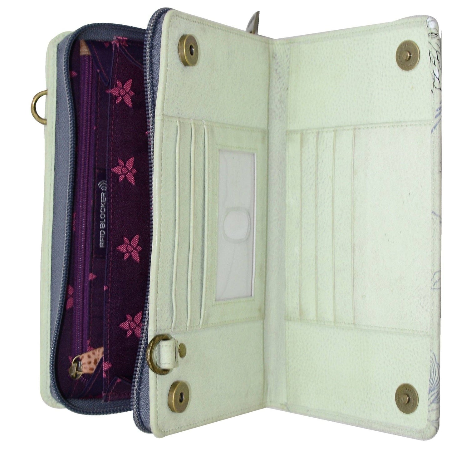 Anuschka Hand-Painted Leather Organizer Wallet Crossbody - 1149-sage green with butterfly and dragonfly