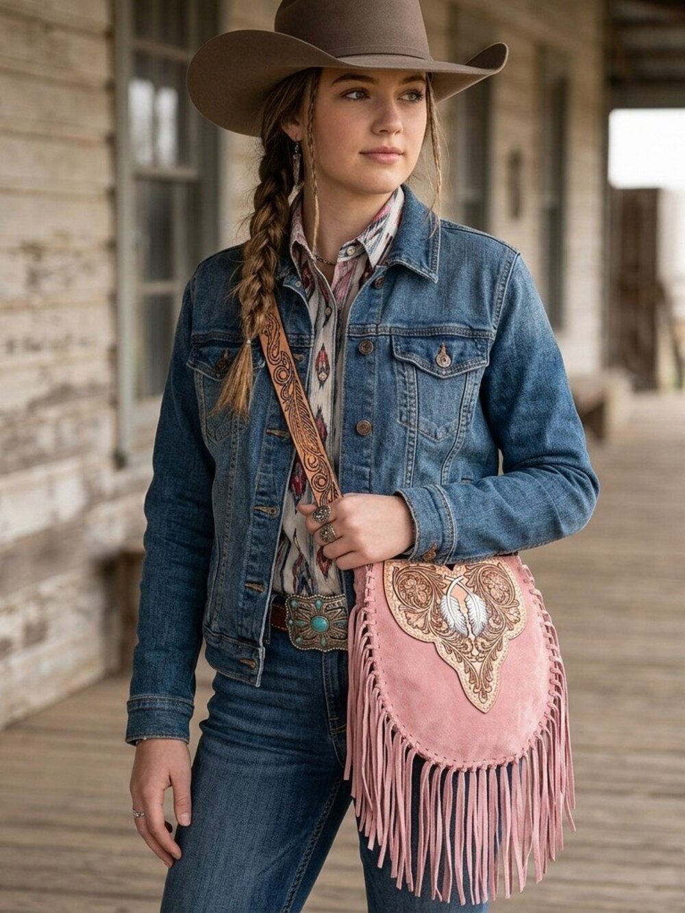 American Darling Boho Feather Tooled Pink Crossbody