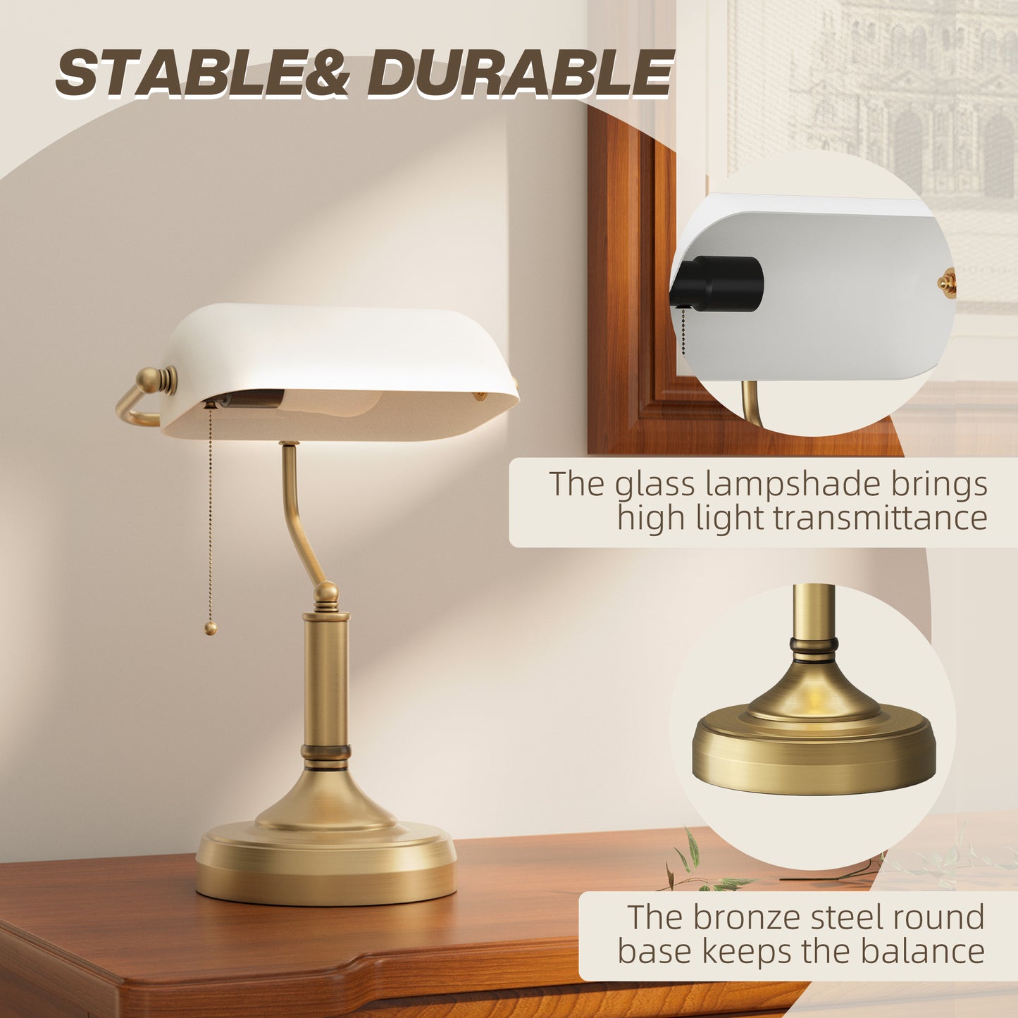 Banker's Desk Lamp With Antique Bronze Tone Base, Table Lamp With White Glass Shade For Home Office, White