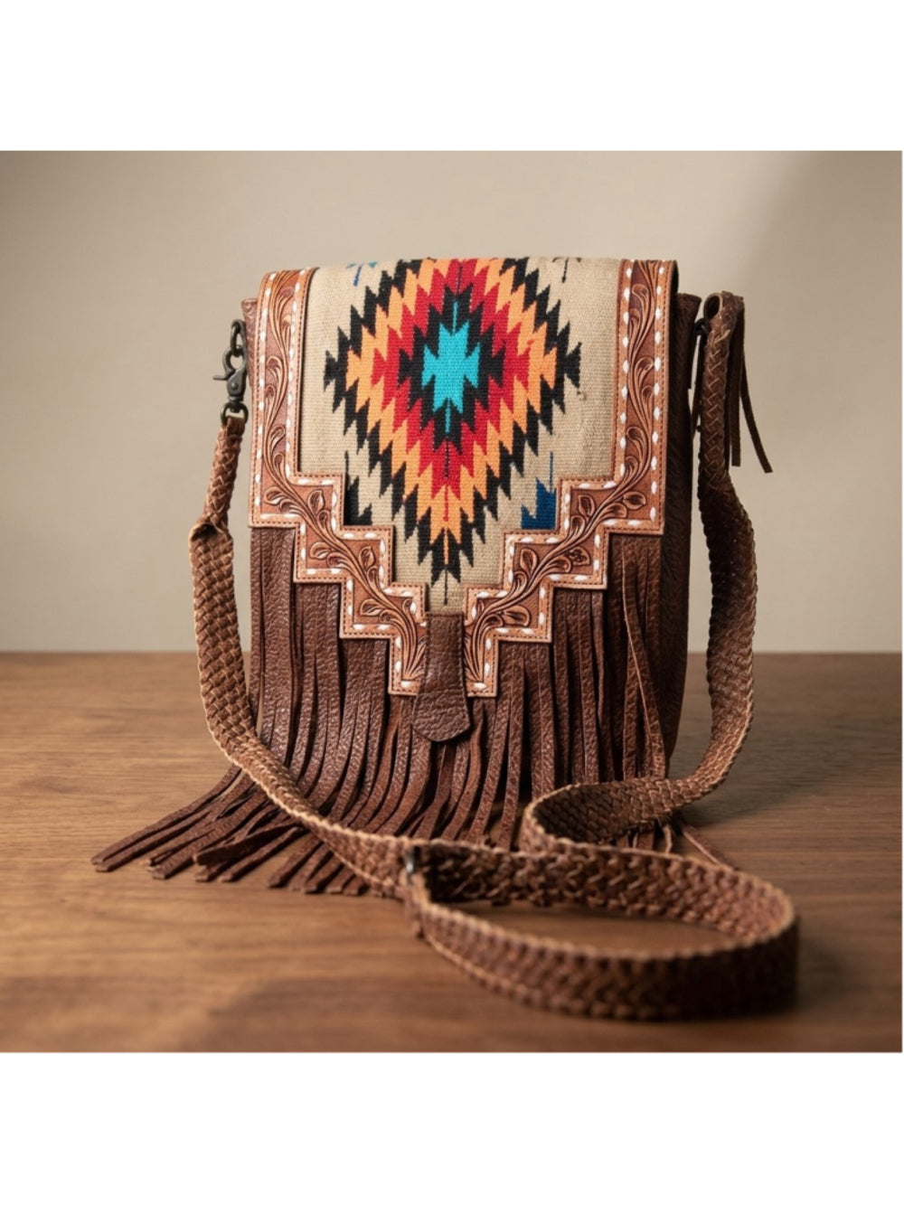 American Darling Black and Turquoise Dreams Saddle Blanket Fringe Crossbody Bag
