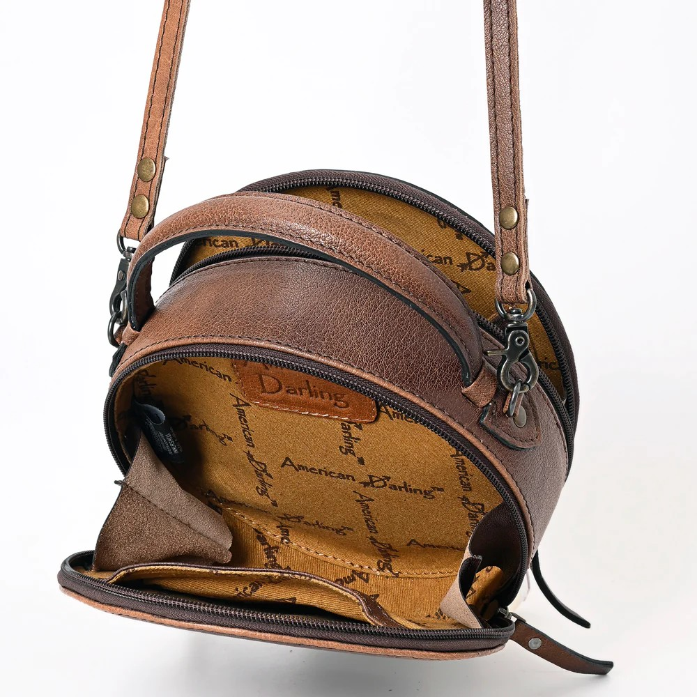 American Darling Western Tooled Leather Crossbody Canteen Bag Floral Carved Turquoise Inlay