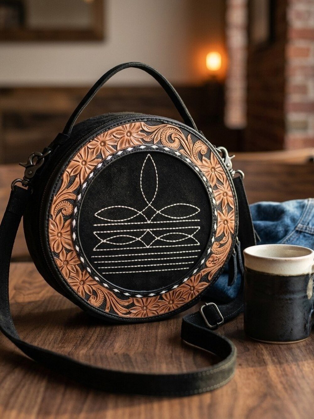 American Darling tooled Western Bloom Circle Canteen Crossbody Bag