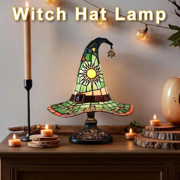 Witch Hat Lamps, Handcrafted Stained Glass Resin Wizard Hat Light Gothic Table Lamp For Halloween Decor, Spooky Night Light For Bedroom And Indoor Parties, Unique Wiccan Gift