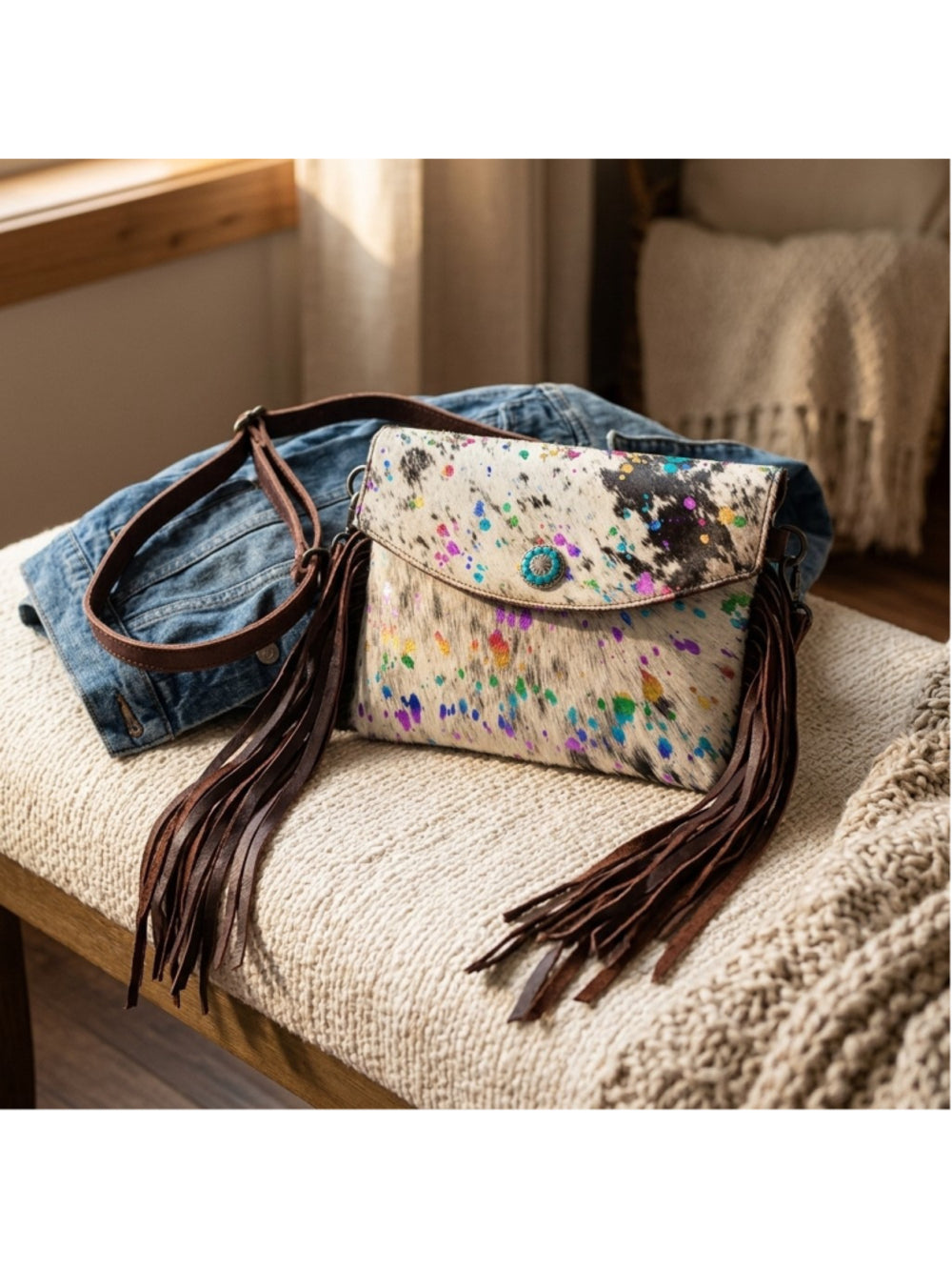American Darling Wildflower Sparkle Fringe Crossbody Bag with turquoise center