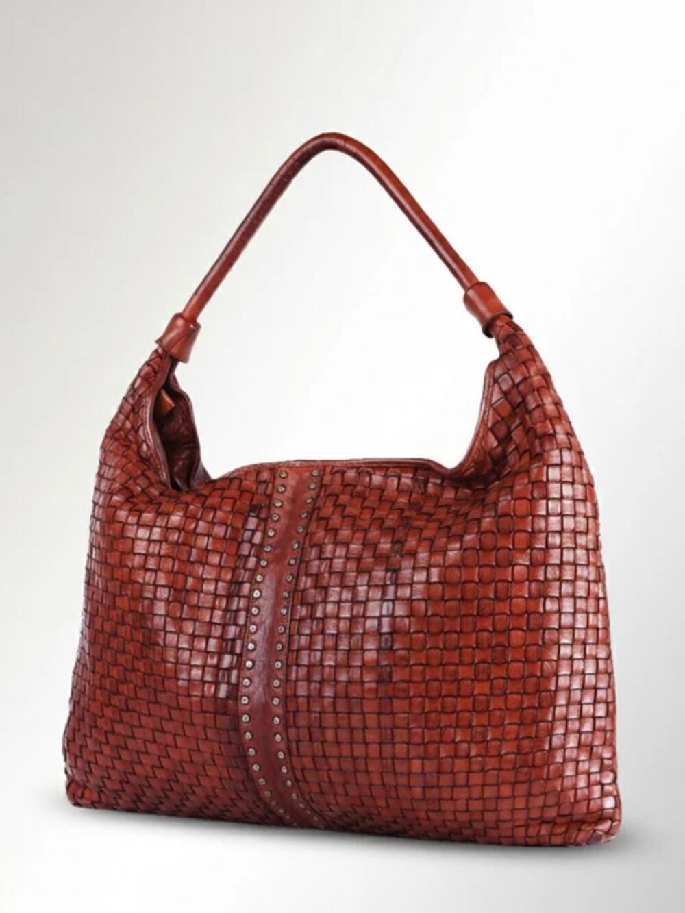 All LeatherRustic Weave Studded Hobo Bag