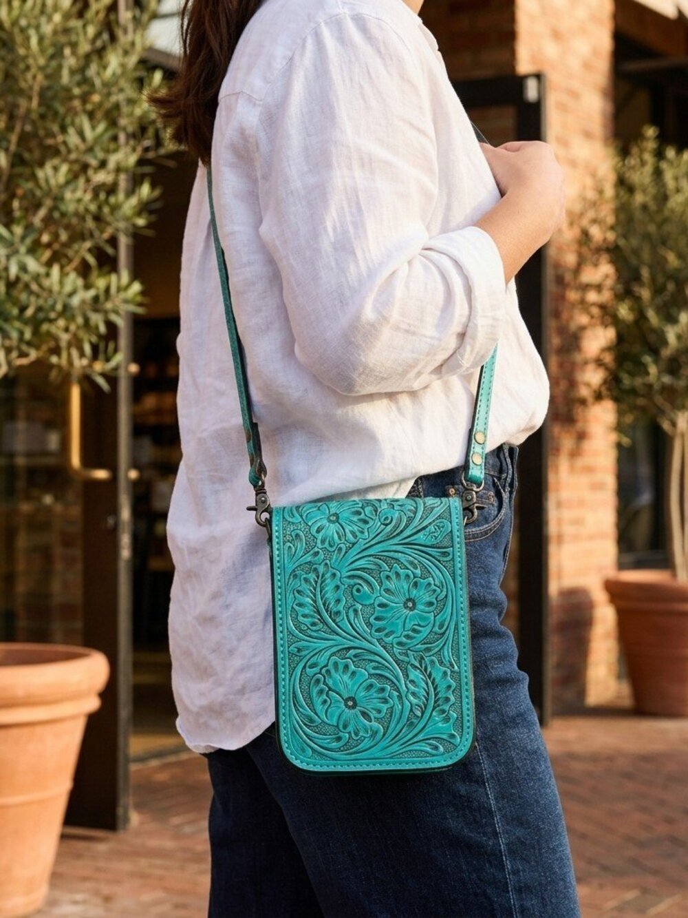 American Darling Turquoise Embossed Crossbody Phone Bag