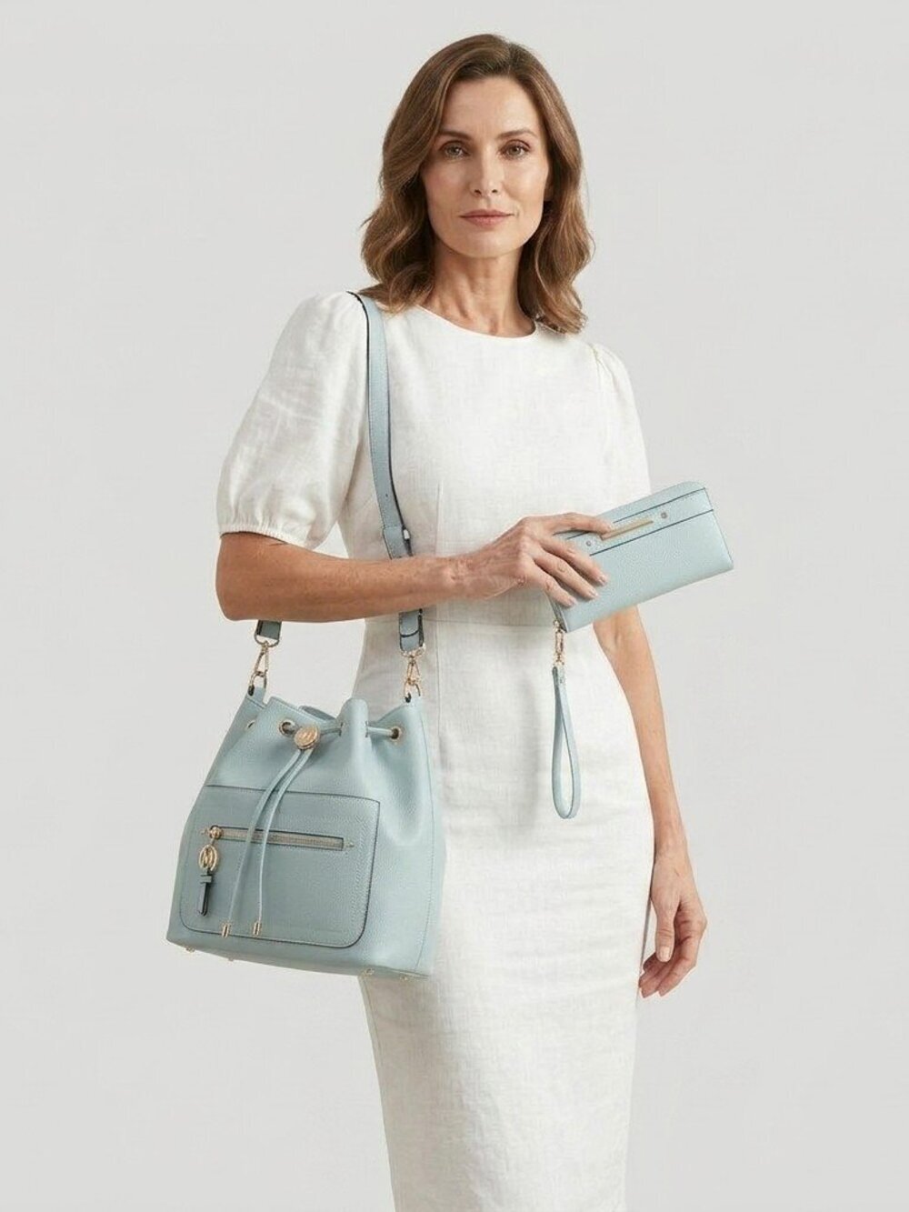 Larissa Vegan Leather Bucket Hobo Bag-Aster Seafoam Mist Convertible Bucket Set