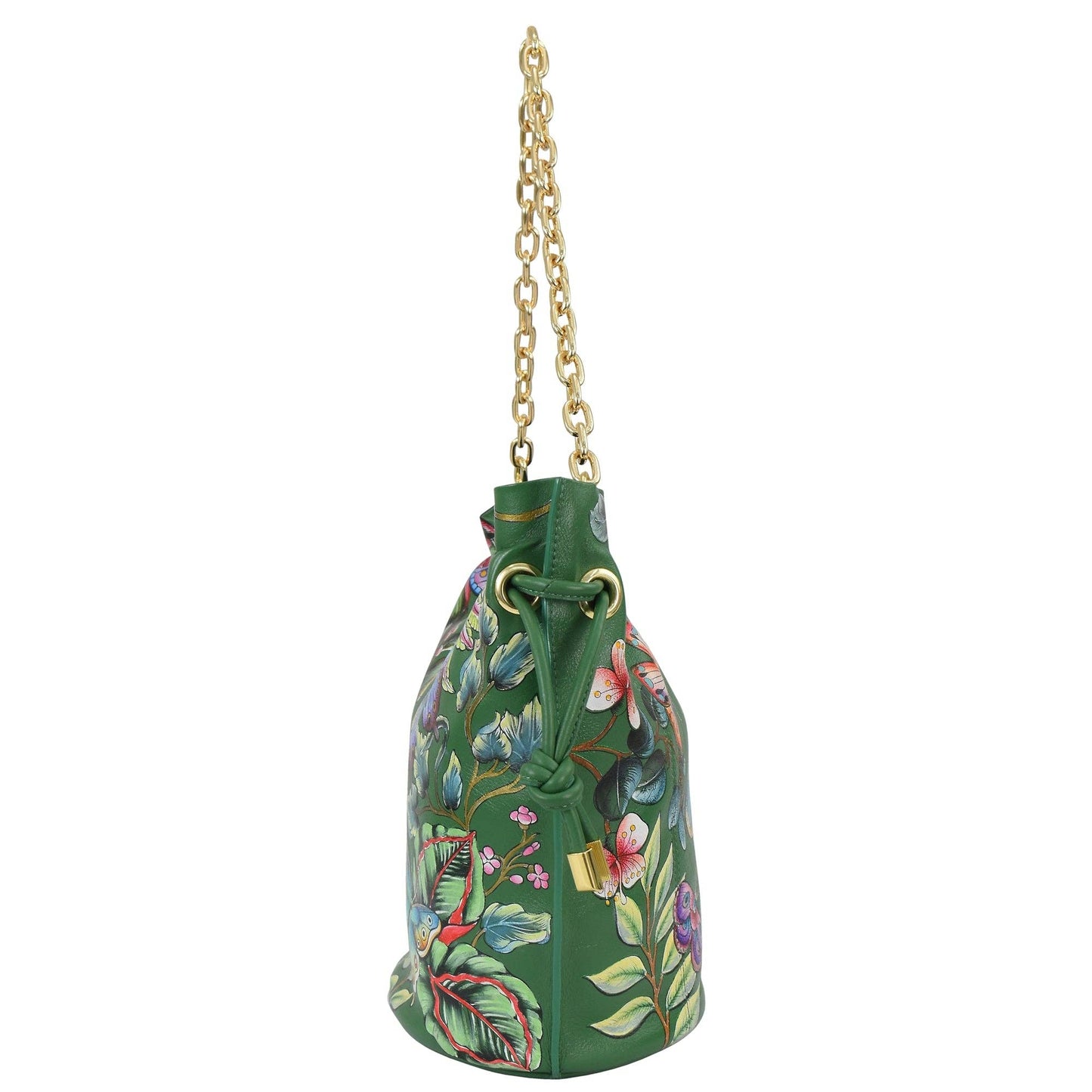 Anuschka Drawstring Bucket Bag - 723-green with butterfly