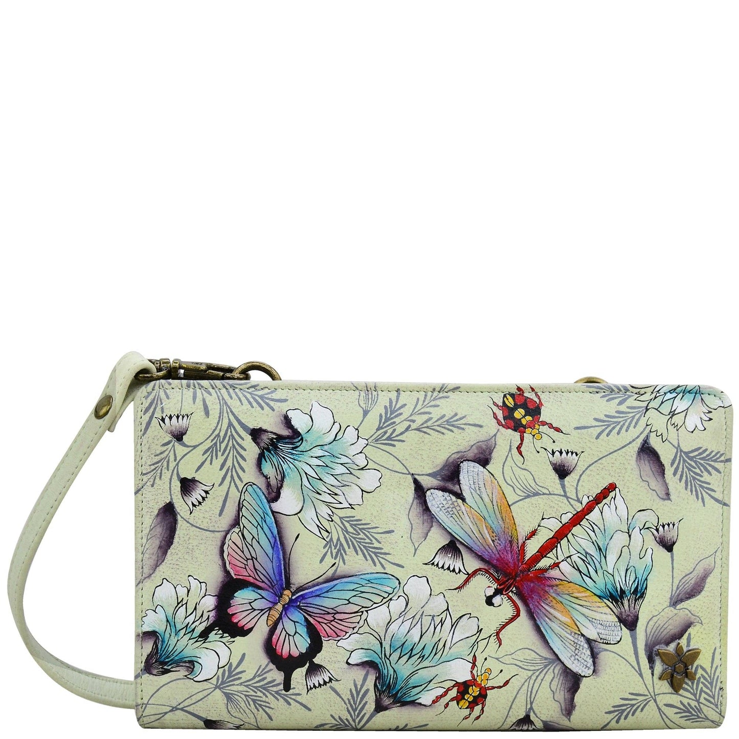Anuschka Hand-Painted Leather Organizer Wallet Crossbody - 1149-sage green with butterfly and dragonfly