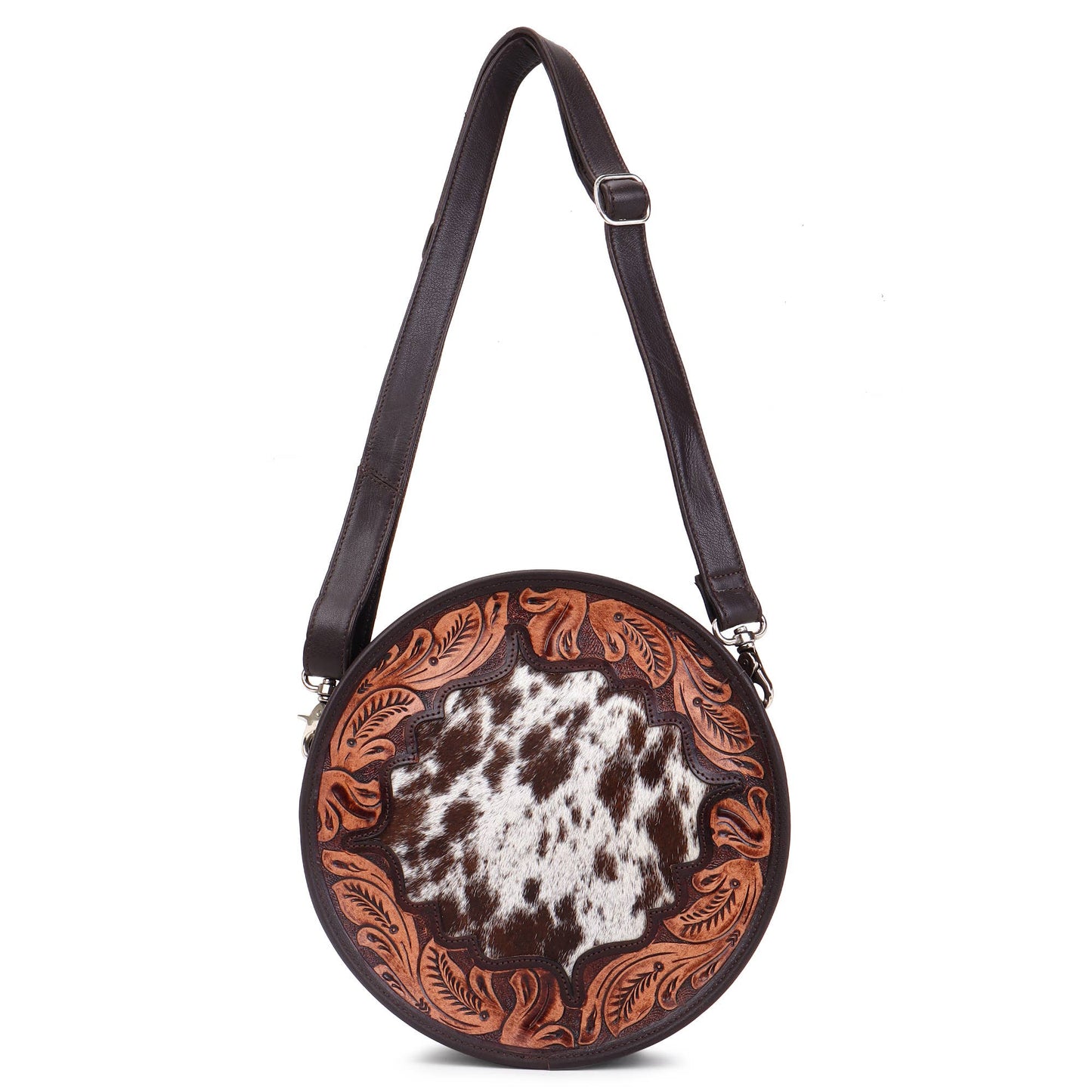 Leather Cowhide Western Hand Tooled Women's Round Crossbody Brown and White