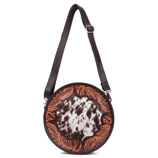Leather Cowhide Western Hand Tooled Women's Round Crossbody Brown and White