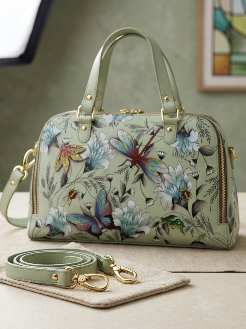 Anuschka Hand painted Meadow Dragonfly Satchel