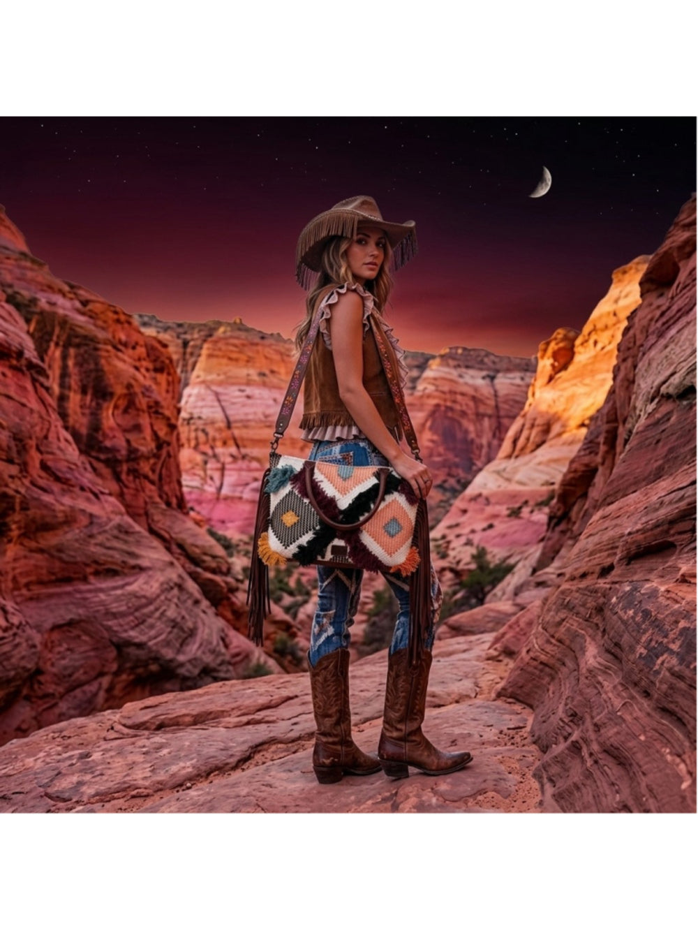 American Darling Sunrise and Dark Skys Boho Fringe Embroidered 4 in 1 Satchel