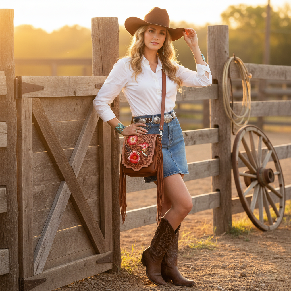 Hummingbird Blooms Leather Tooled Fringed crossbody