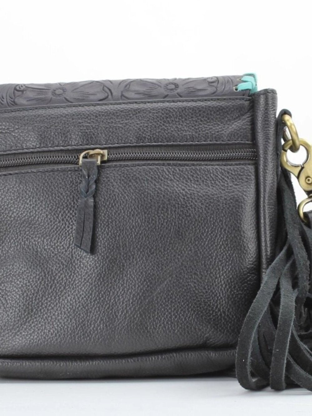 Turquoise at Midnight Boho Fringe Floral Crossbody
