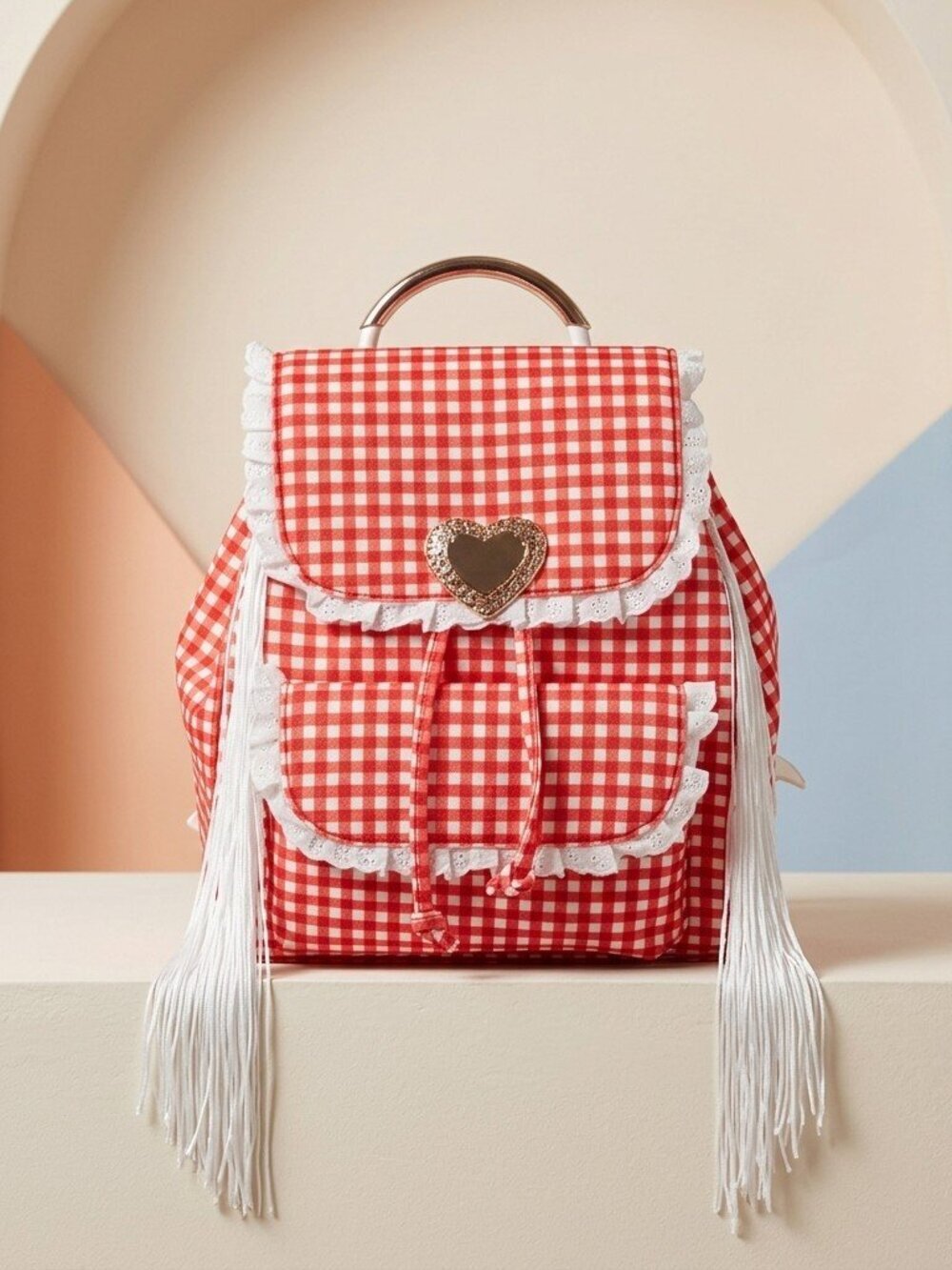 Gingham Seaside Sweetheart Fringe Backpack