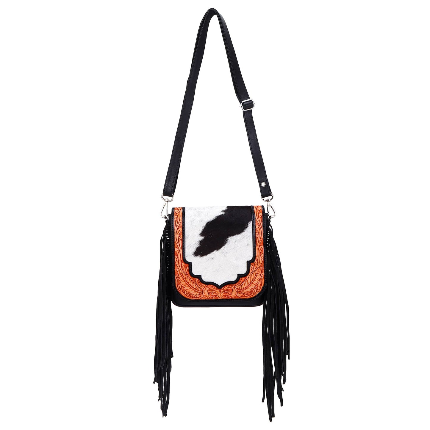 Hummingbird Blooms Leather Tooled Fringed crossbody