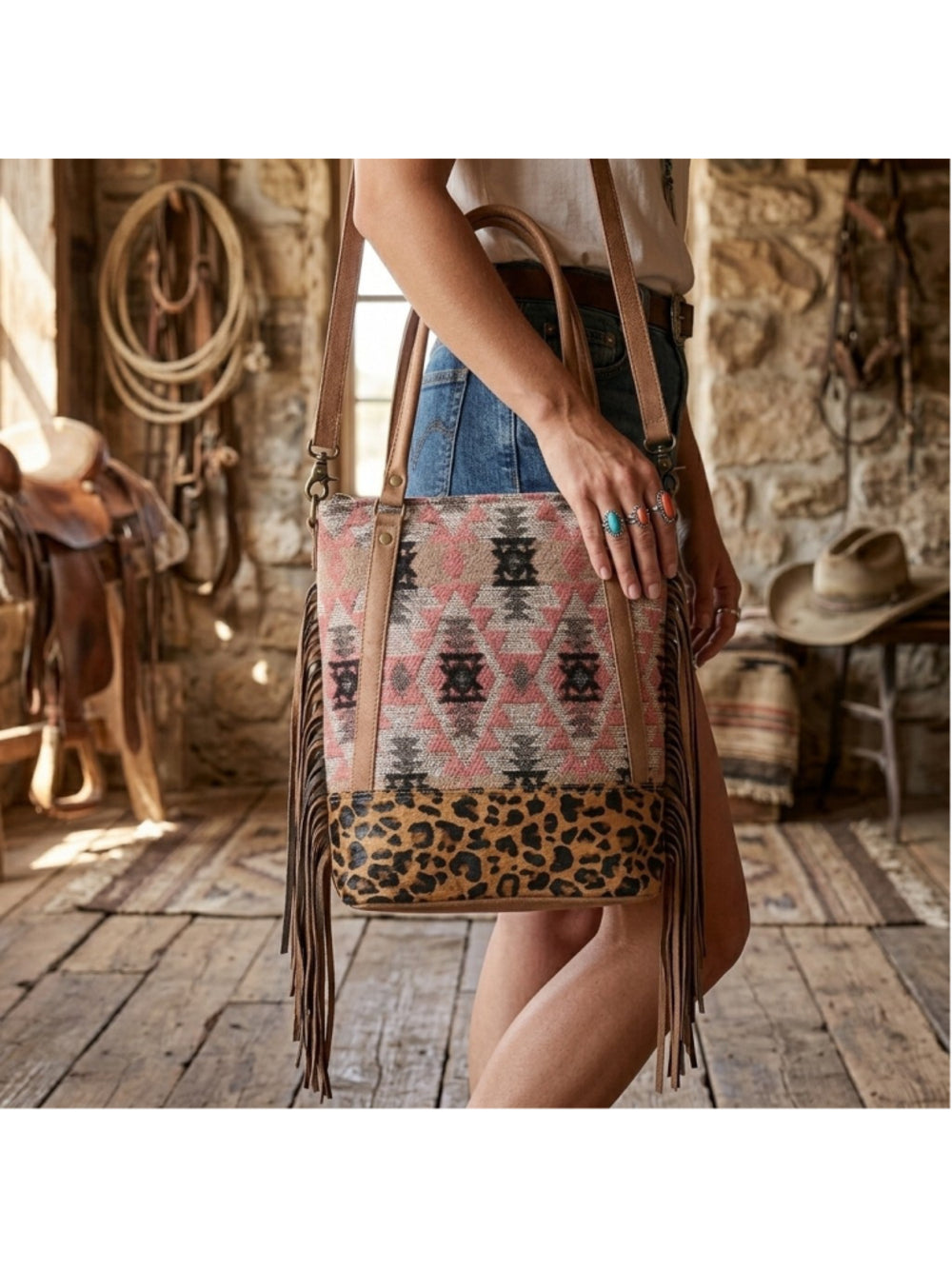 Ohlay by American Darling Boho Wild Leopard Fringe 2 in 1 Aztec Tote Bag