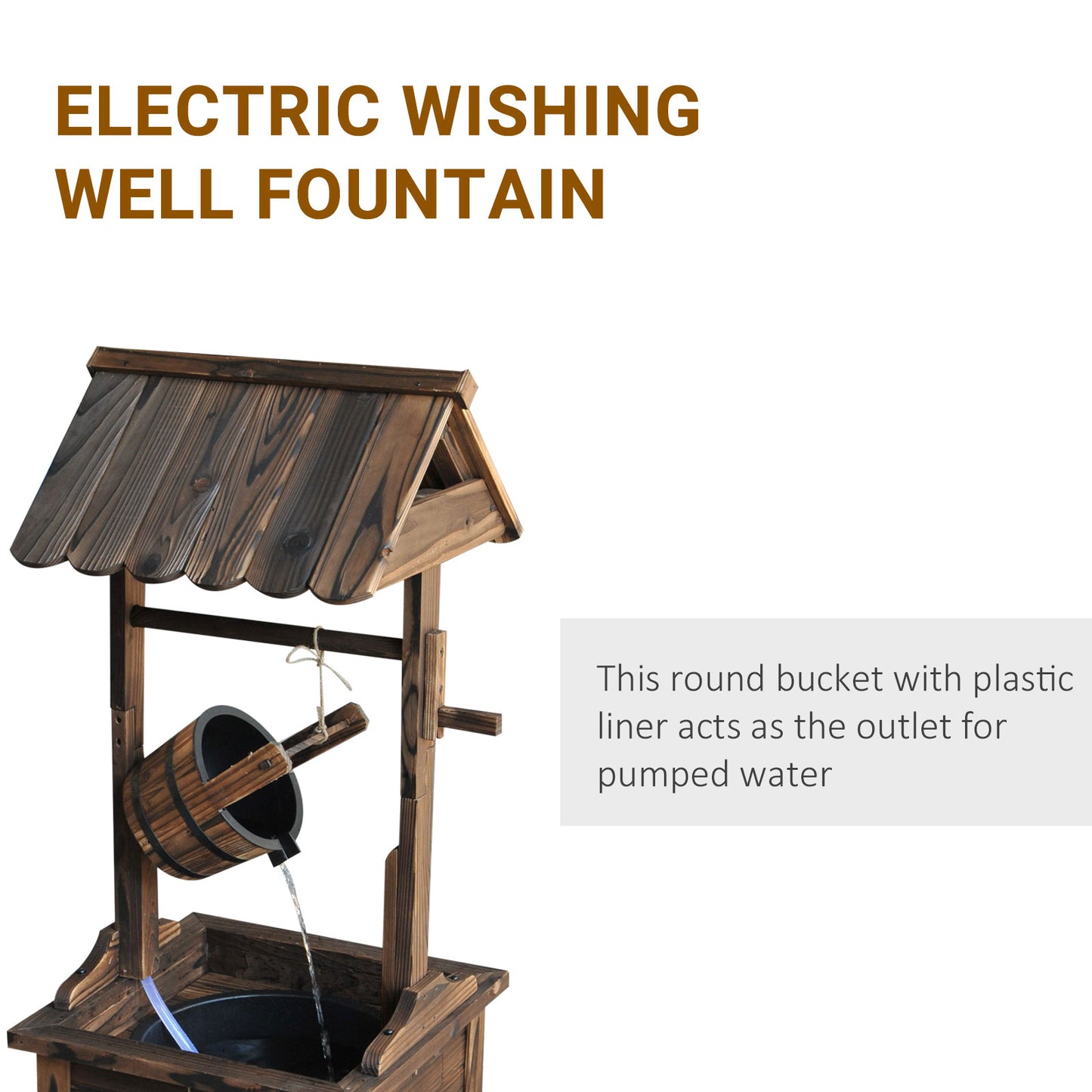 Outdoor Wooden Wishing Well Fountain with Adjustable Water Flow Rate, Outdoor Rustic Waterfall Fountain with Electric Pump, Water Bucket, for Backyard Patio Garden Lawn, Carbonized Finish